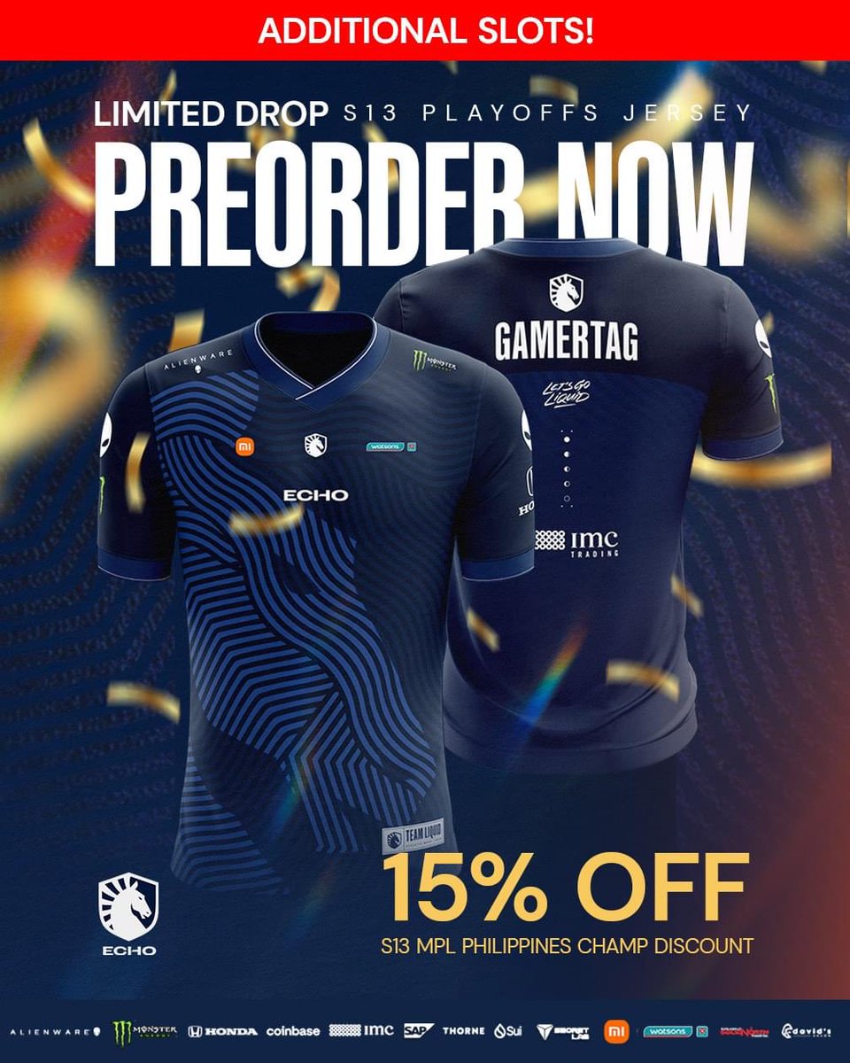 teamliquidph's tweet photo. Surprise, surprise! 💙

We've added additional slots to the TLPH Jersey Pre-order. Don't be late to the party and fill out the order form now!

🛒: https://t.co/HRkUtceNKA

#LetsGoLiquid #LiquidECHO #TLPHxWatsons #GoSolidWithECHO https://t.co/ScUi68K73N
