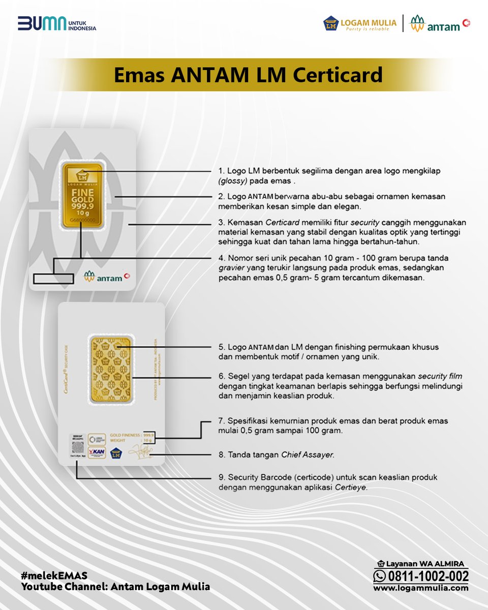 Produk Emas Logam ANTAM Semua ASLI.

Bagaimana cara mengetahuinya kalau emas kamu asli?

Informasi lengkapnya ada pada gambar ya sobat, geser langsung gambarnya yaa 😊.

WA ALMIRA: 0811-1-002-002
Youtube: Antam Logam Mulia