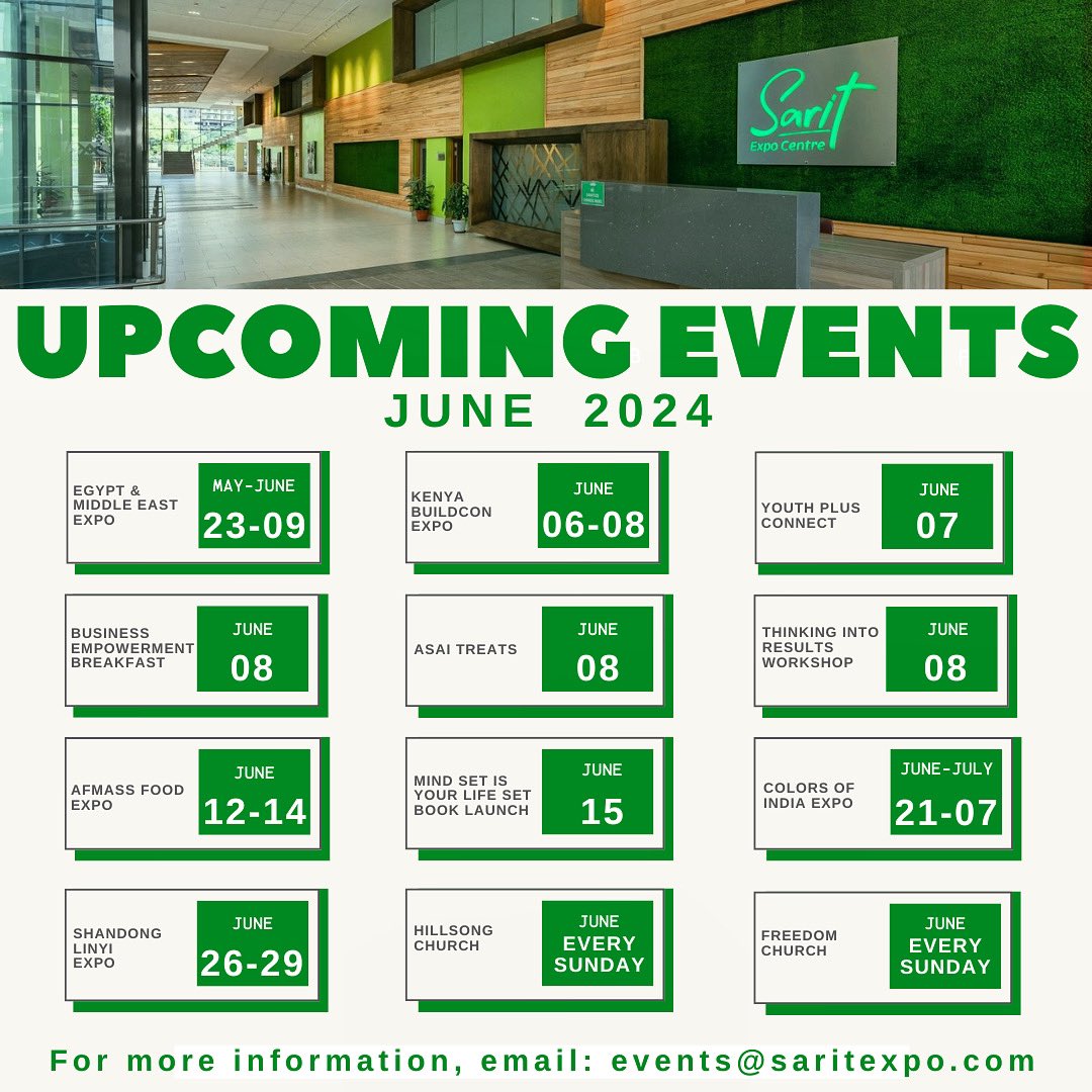 Looking for an event to attend this June? Check out our June Events Calendar and Visit @saritexpocentre_sec, 2nd floor @sarityourcity 

#Saritexpocentre #June #eventskenya #nairobikenya #eventsnairobi #meetingrooms #venue #eventsvenue