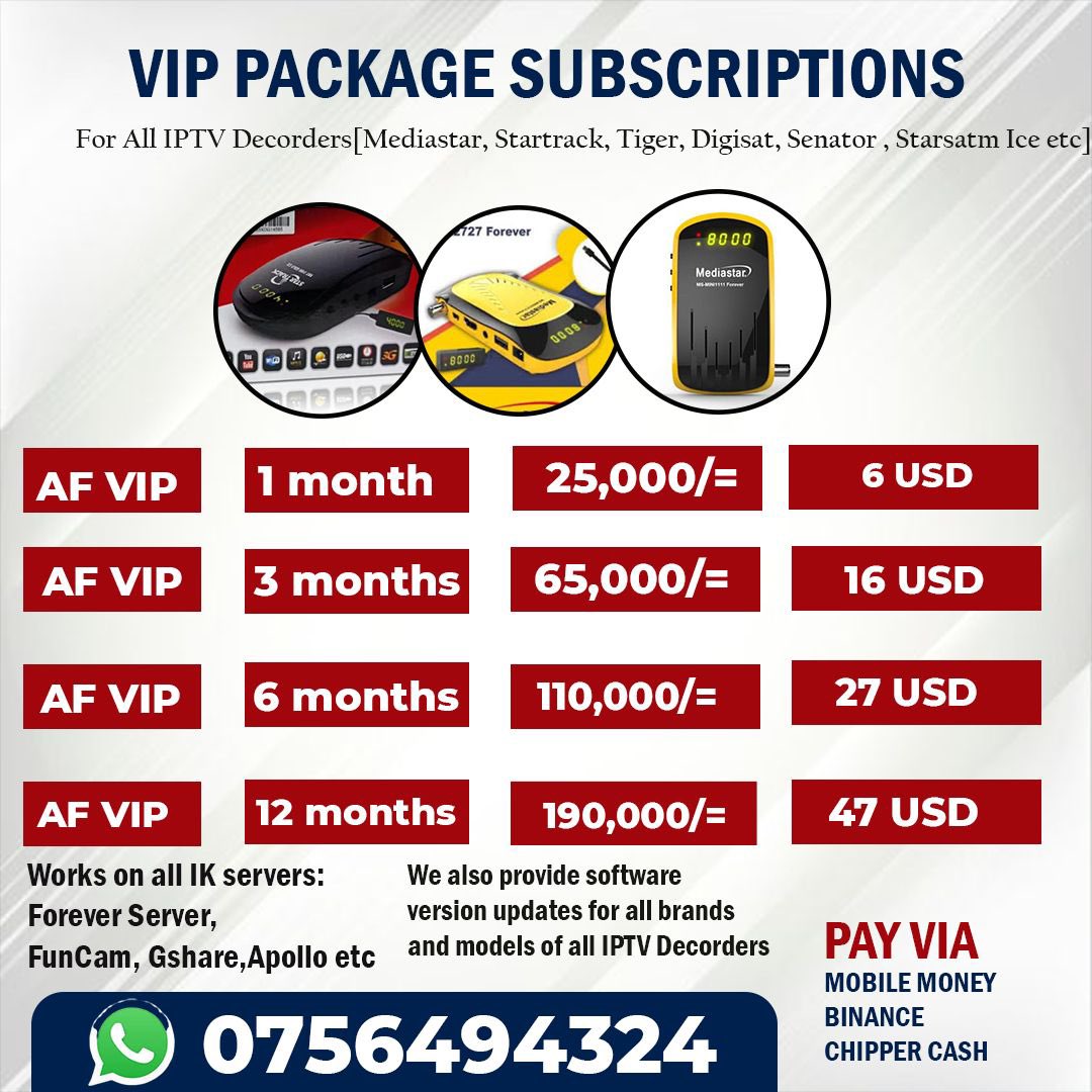 If you own any IPTV Decorder; MediaStar, StarTrack, Digisat, Tiger, Senator, etc. Contact this reseller for cheap subscriptions of VIP packages ( 1 month, 3 months 6 months 12 months at cheap prices below) 📌 Delivery time, Instant ⏰ Save this tweet/ contact/ poster for when
