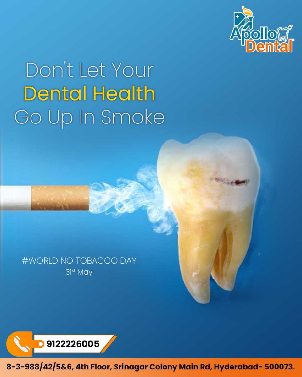 This World No Tobacco Day, protect your smile! Quit tobacco to prevent gum disease and tooth decay. A healthier mouth means a happier you.

#WorldNoTobaccoDay #Apollodentalclinic #Srinagarcolony #QuitSmoking #Health #NoToTobacco #TobaccoAwareness #EndTobacco #HealthyLiving