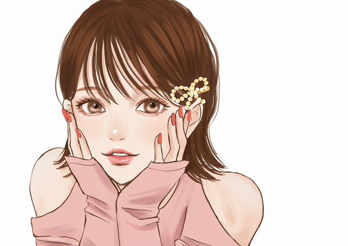 「brown hair hands on own face」 illustration images(Latest)