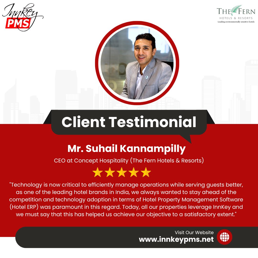 A heartfelt thank you to Mr. Suhail Kannampilly, CEO of Concept Hospitality, for his exceptional feedback on InnKey! His endorsement fuels our drive to provide innovative solutions, empowering upscale hotels to thrive. 
#TheFern #ConceptHospitality #ClientTestimonial