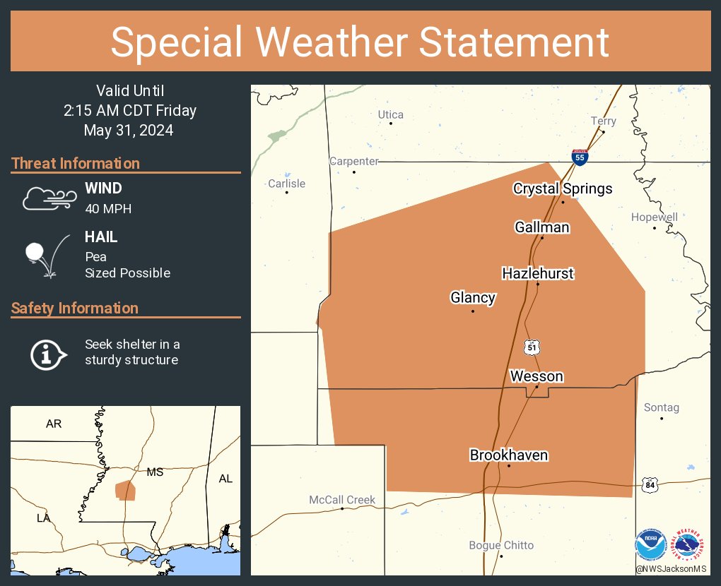 A special weather statement has been issued for Brookhaven MS, Crystal Springs MS and Hazlehurst MS until 2:15 AM CDT