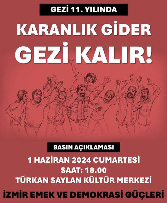 partizanresmi3's tweet photo. 🔻 Gezi İsyanı’nın 11. Yılında, İzmir’de aralarında Partizan’ın da olduğu İzmir Emek Ve Demokrasi Güçleri tarafından gerçekleşecek eylemde buluşalım.

📅 1 Haziran Cumartesi
⏱️ 18:00
📍 Türkan Saylan Kültür Merkezi Önü / İzmir

#GeziDirenişi11yaşında https://t.co/vHFh3a2mEf