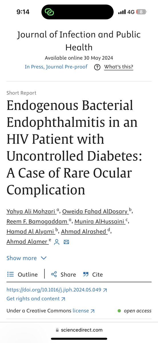 We just published a case report in JIPH:

"Endogenous Bacterial Endophthalmitis in an HIV Patient with Uncontrolled Diabetes: A Case of Rare Ocular Complication"

sciencedirect.com/science/articl…