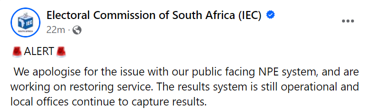 The Independent Electoral Commission has sent out an apology to the public as its results system is currently not operational.
