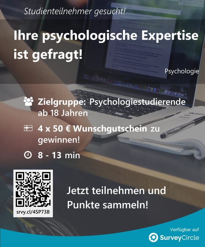 top_studies's tweet image. Teilnehmer gesucht für top-platzierte Online-Studie:

"Ihre psychologische Expertise ist gefragt!" surveycircle.com/4SP73B/ via @SurveyCircle #lmu_muenchen

#CitizensScience #sozialpsychologie #psychologie #entscheidung #expertise