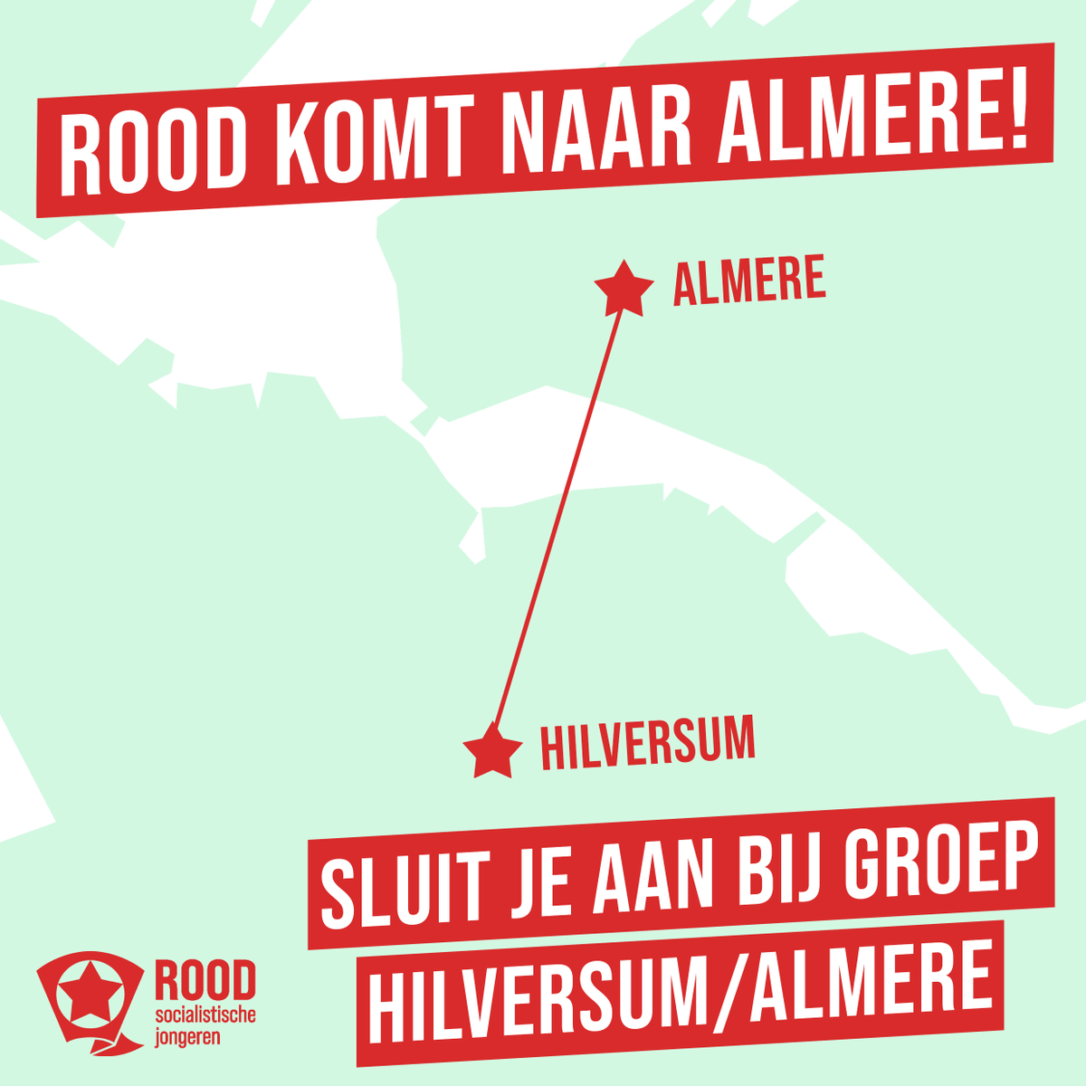 ROODHilversum's tweet photo. ROOD Hilversum is nu ook actief in Almere!

Woon jij in Almere? Heb jij interesse in socialistische politiek? Wil jij actief worden? Stuur ons een berichtje en word lid! https://t.co/jnyKyhpzbC
