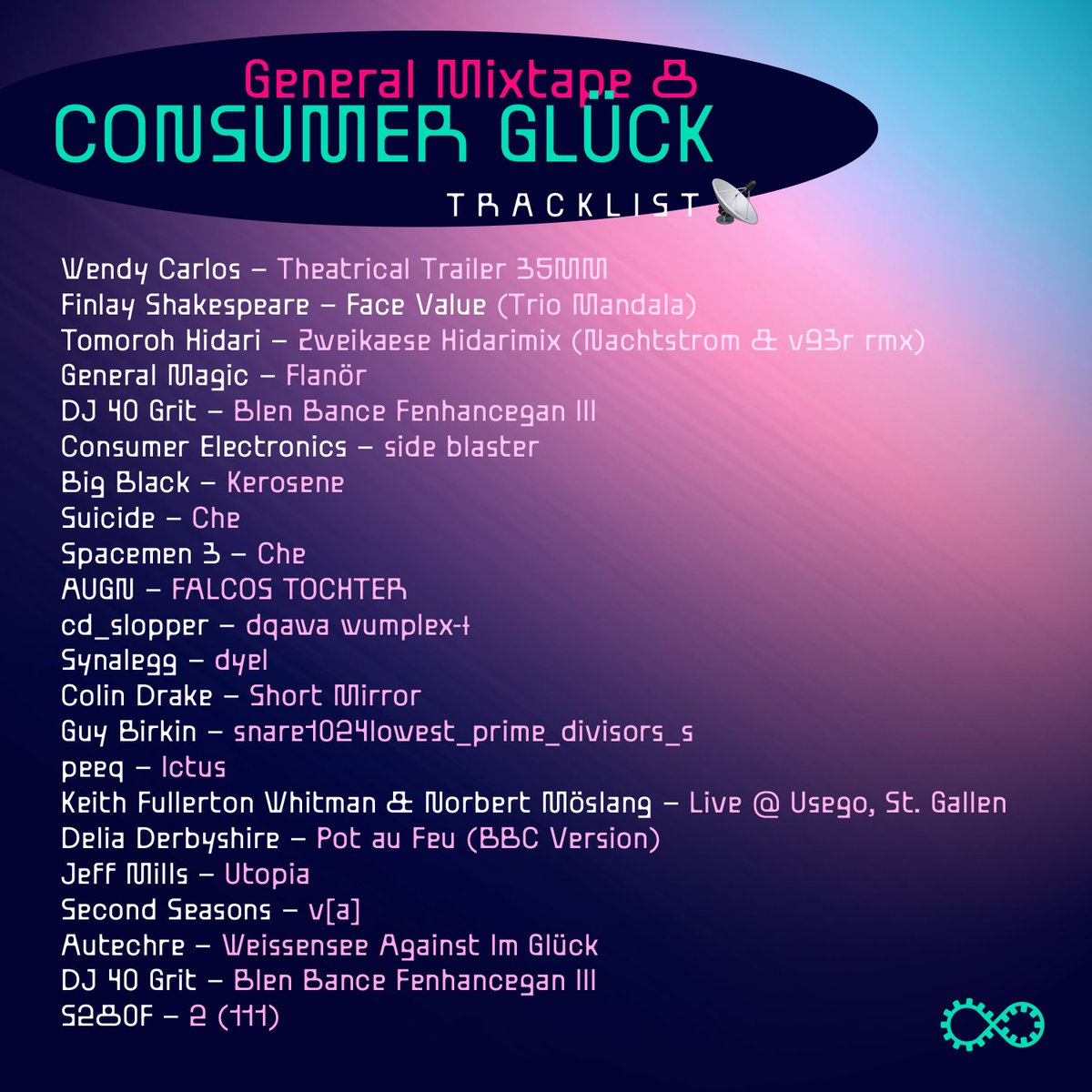 General Mixtape 8 📻
📡 mixcloud.com/cigamlareneg/g…

Mix by General Magic ∞ tracks from @FinShakespeare <a href="/TomorohHidari/">Tomoroh Hidari</a>  <a href="/bruitversum/">Bruitversum</a> <a href="/cigamlareneg/">General Magic ∞</a> <a href="/RussellHaswell/">Russell Haswell</a> <a href="/tsxone1/">ㄒ丂乂</a> <a href="/GuyBirkin/">Guy Birkin</a> <a href="/n_peeq_t/">peeq</a> <a href="/keithfwhitman/">Keith Fullerton Whitman</a> <a href="/S280F/">‎ ⃝꙰⃝꙰⃝꙰⃝꙰⃝꙰⃝꙰⃝꙰⃝꙰⃝꙰⃝ ٳٰٰٰٰٰٰٳٰٰٰٰٰٰٳٰٰٰٰ</a> et al.

💥