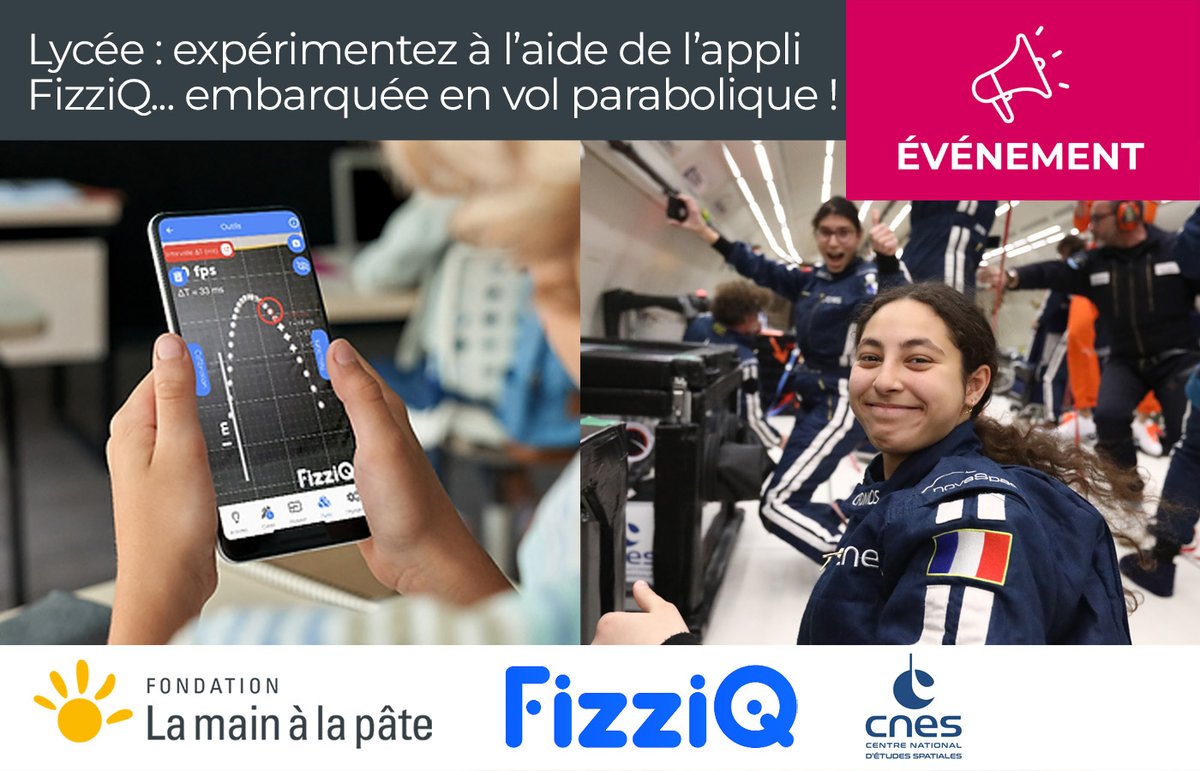✈️📱Appel à projet spécial lycée : testez l'appli FizziQ <a href="/fizziqlab/">Fizziqlab</a> en impesanteur dans les vols paraboliques du <a href="/CNES/">CNES</a> ! Inscriptions jusqu'au 10 juin. Plus d'informations : tinyurl.com/ymxvryjj
