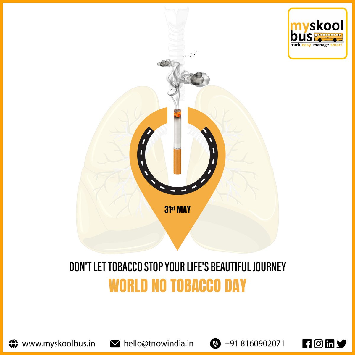 myskoolbus's tweet image. @myskoolbus wishes you a healthy and fulfilling life on this World No Tobacco Day.

@myskoolbus - Prioritize safety now - myskoolbus.in

#worldnotobaccoday #quitsmoking #tracknow #myskoolbus #schoolbustracking #realtimeupdates #vehicletracking #childsafety #panindia