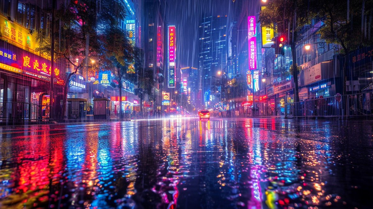 Neon Urban Lights: A mesmerizing urban nightscape, soaked in hues of neon under a rain-kissed, reflective asphalt canvas. #neon #urban #night #lights #reflection #aiart #aiphoto #stockcake ⬇️ Download and 📝 Prompt 👉 ayr.app/l/aE5G