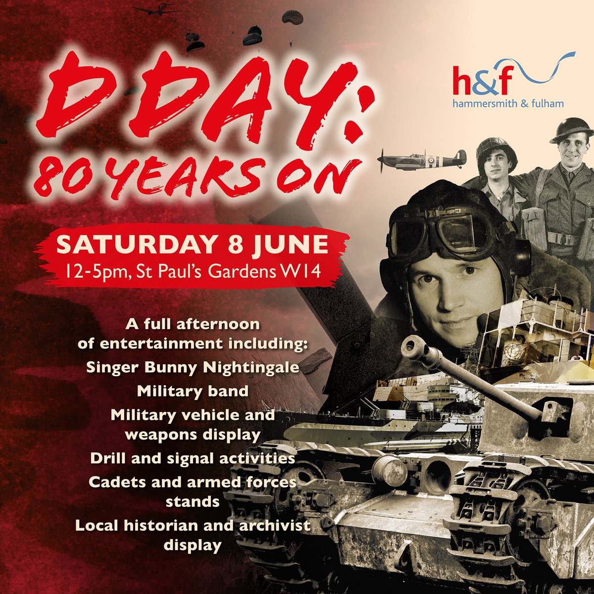 Mark the 80th anniversary of D-Day with us next weekend. On Saturday 8 June, we are holding a free family day in Hammersmith, with live music, military vehicle displays, activities and more. 👉St Paul’s Gardens, W14 👉8 June, 12-5pm More: lbhf.gov.uk/news/2024/05/8…