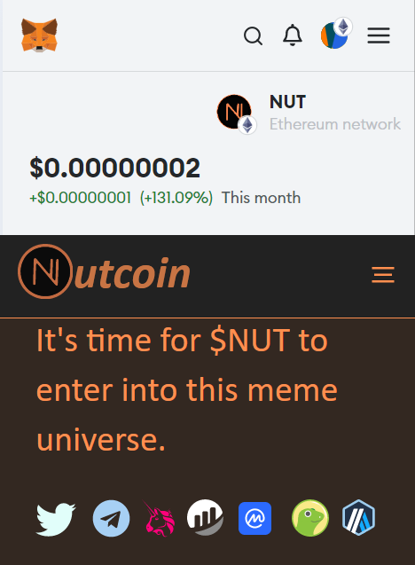 🦊 $NUT price is now displayed on #Metamask

🐿️ #Nutcoin circulating supply is now verified on #CoinGecko 

🦎 Gecko logo added to the website

🏗️ #Memecoin buidling step by step