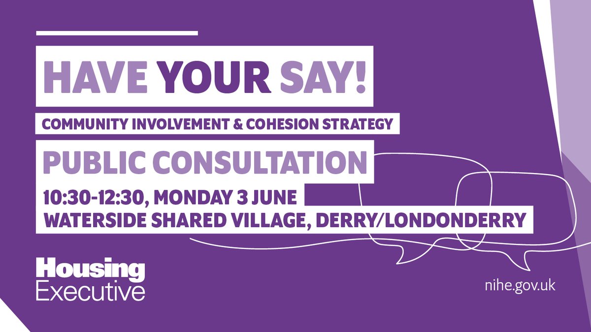 Join us on Mon, 3 June to share your views on our draft Community Involvement and Cohesion Strategy 2024 – 2029. Come to Waterside Shared Village, Derry/Londonderry between 10.30am and 12.30pm to tell us what you think. Register to attend: comm_involvementcohesion@nihe.gov.uk