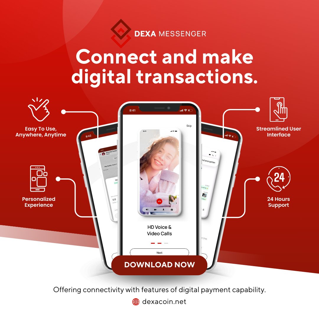 Stay Connected and transact effortlessly with DEXA Messenger.

$DEXA #crypto #cryptocurrency #Bitcoin #altcoin #cryptocurrencies #binance #trading #socialmedia #WhatsApp #cryptowallet #privacy #ETH #fintech #ethereum #btc #dexacoin #InstantPayments