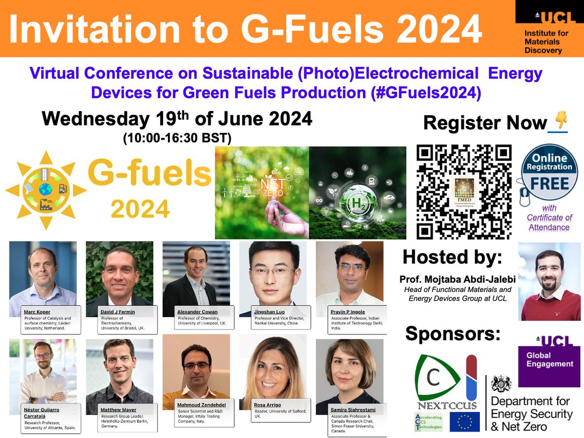 We are thrilled to invite you to our upcoming virtual conference on "Sustainable (Photo)Electrochemical  Energy Devices for Green Fuels Production" (#GFuels2024).
Link to free online registration and conference programme: 📢👇👇mojtabaabdijalebi.com/gfuelsconferen…