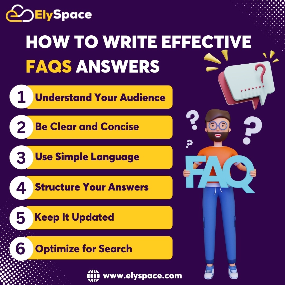 ElySpaceHosting's tweet image. How to write Effective FAQs Answers.

1. Understand Your Audience
2. Use Simple Language
3. Keep It Updated
4. Be Clear and Concise
5. Structure Your Answers
6. Optimize for Search
#FAQWriting
#EffectiveFAQs
#SEOFAQs
#ContentOptimization
#AudienceEngagement
#SimpleLanguage