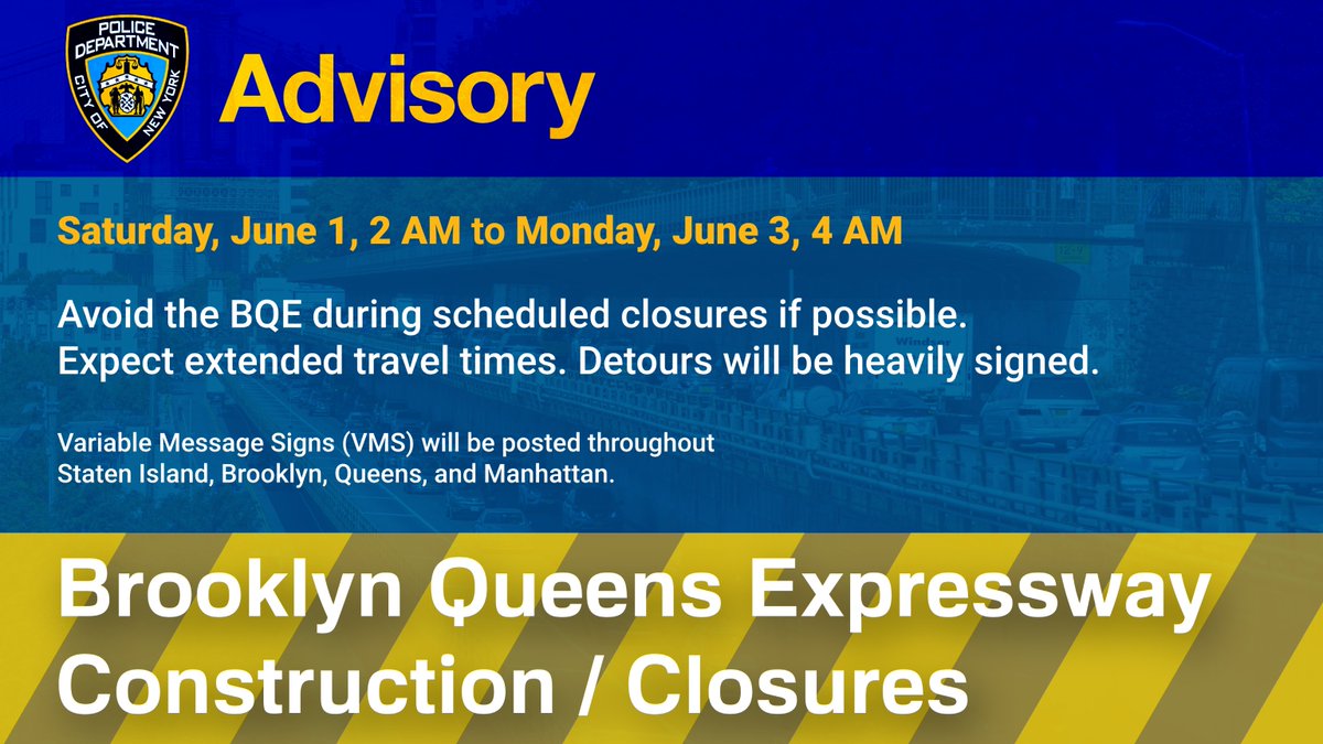 ⚠️Scheduled Closure: Starting from Sat, June 1 (2:00 AM) until Mon, June 3 (4:00 AM), due to construction, the Queens-bound Brooklyn Queens Expressway will be fully closed from Atlantic Ave to Sands St. Expect delays and plan ahead. For details, visit: nyc.gov/bqealert