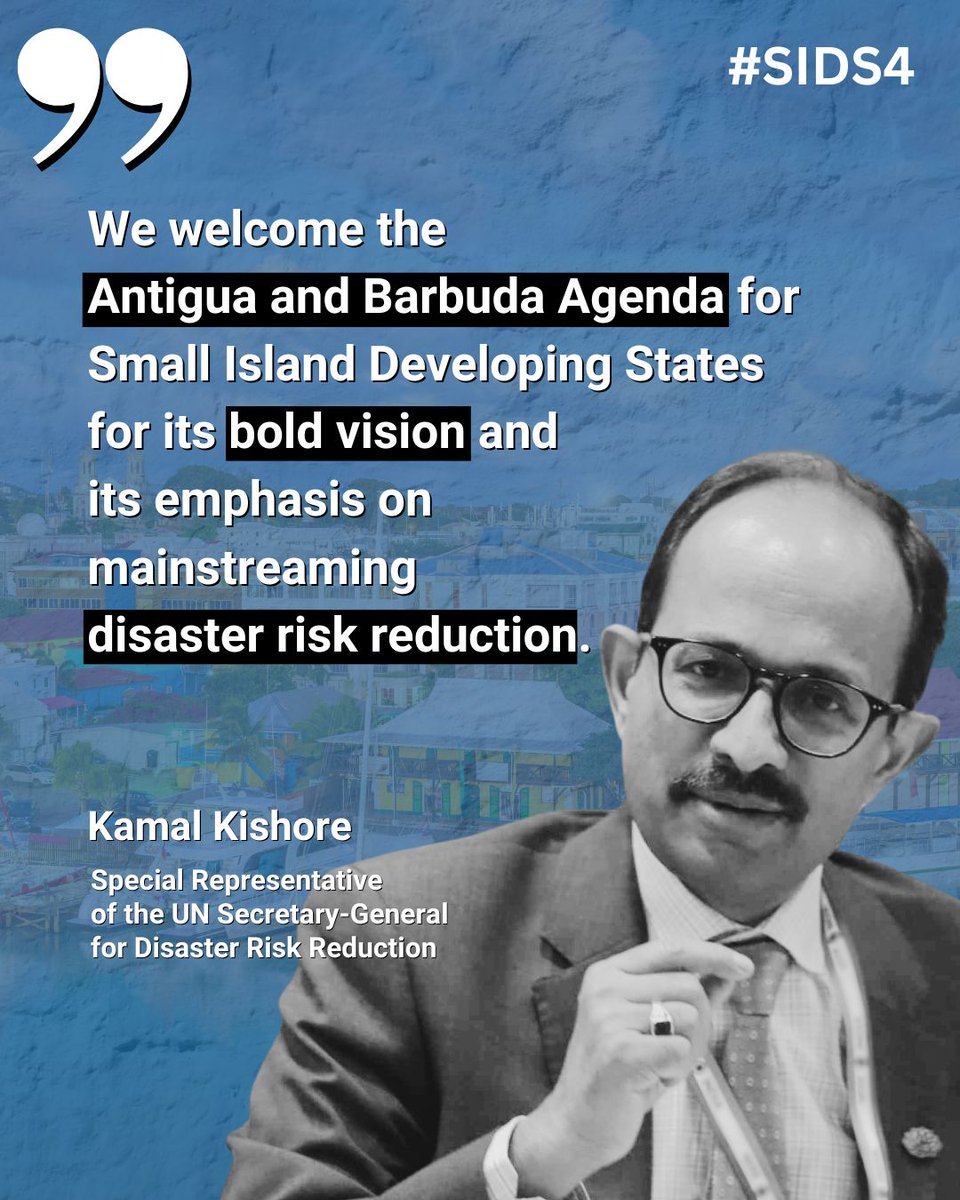 UNDRR's tweet photo. The #SIDS4 conference has adopted the Antigua &amp; Barbuda Agenda for SIDS (ABAS),  with disaster risk reduction as a central tenet for sustainable development in Small Island Developing States. 

➡️ https://t.co/e2EnlEXVeL #SIDS4 #EarlyWarningsForAll https://t.co/U0Ota8gRZa