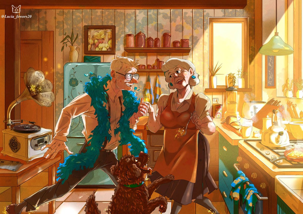 Check out our 6th place winner in the 39th International Illustration Contest! This illustration of a lovely elderly couple dancing in the kitchen with their pet is very heartwarming. Art by Lucia Calvente Suarez✨ clipstudio.net/en/cspcontest3… #CSP #CLIPSTUDIOPAINT #illustration