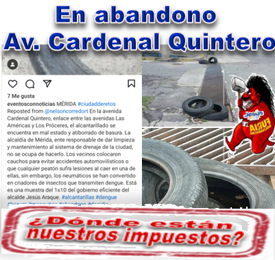 A la alcaldía no les alcanzan los más de 6 millones de $ que recauda al año, para atender el sector de la Av. Cardenal Quintero, alcantarillado totalmente abandono, destruido y tapado, la vía llena de huecos y cráteres; alcalde ocúpese de solucionar los problemas de los merideños