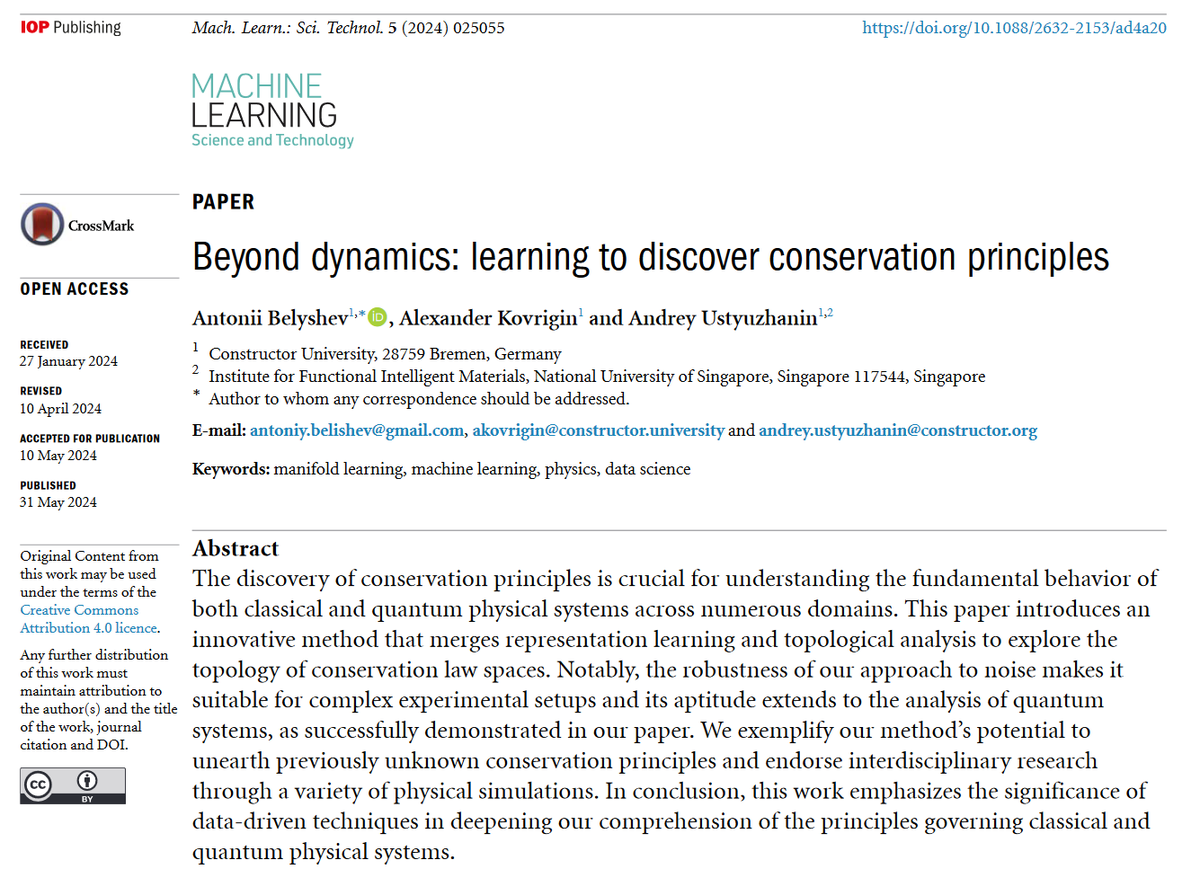 Great new work by Antonii Belyshev, Alexander Kovrigin and @AnaderiRu @constructor_uni @NUSingapore - 'Beyond #dynamics: learning to discover conservation principles'- iopscience.iop.org/article/10.108… #machinelearning #quantum #complexity #neuralnetworks #statphys #dynamicalsystems #PINNs