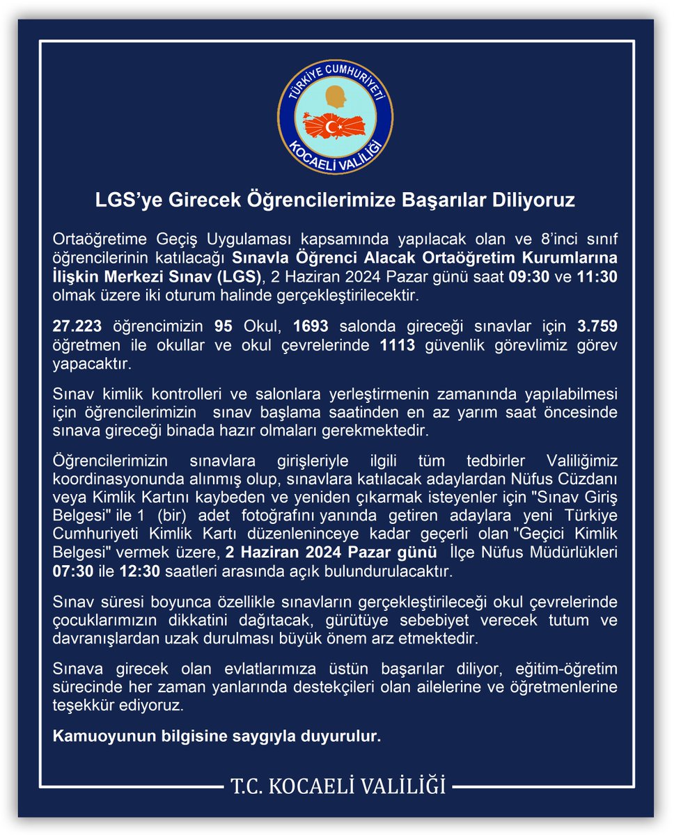 LGS’ye Girecek Öğrencilerimize Başarılar Diliyoruz @SeddarYavuz ⬇️ kocaeli.gov.tr/lgsye-girecek-…