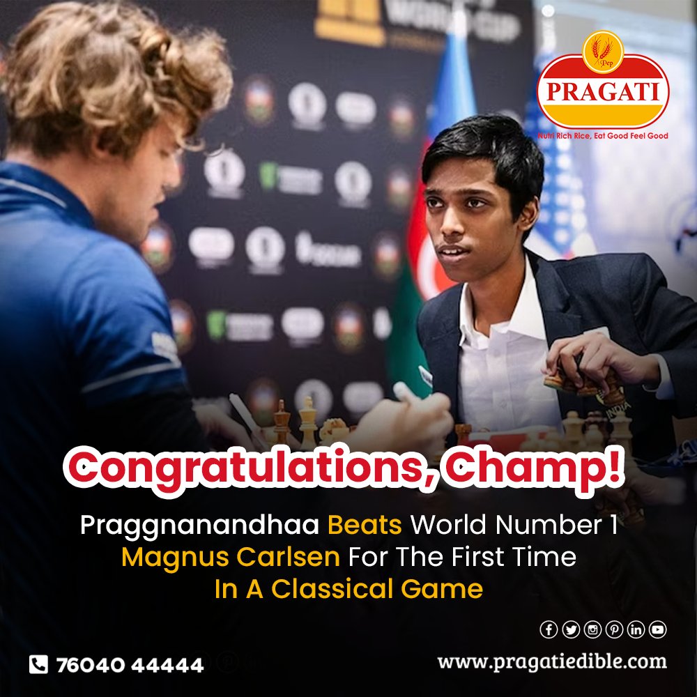 🌟🎉 Incredible news from the chess realm! 🌟🎉

Praggyananda achieves a remarkable milestone by defeating Magnus Carlsen for the first time ever! 

#Pragati #Rice #NutriRichRice #PragatiRice #praggnanandhaa #chessmaster #indianchess #grandmaster #chesstricks #magnuscarlsen