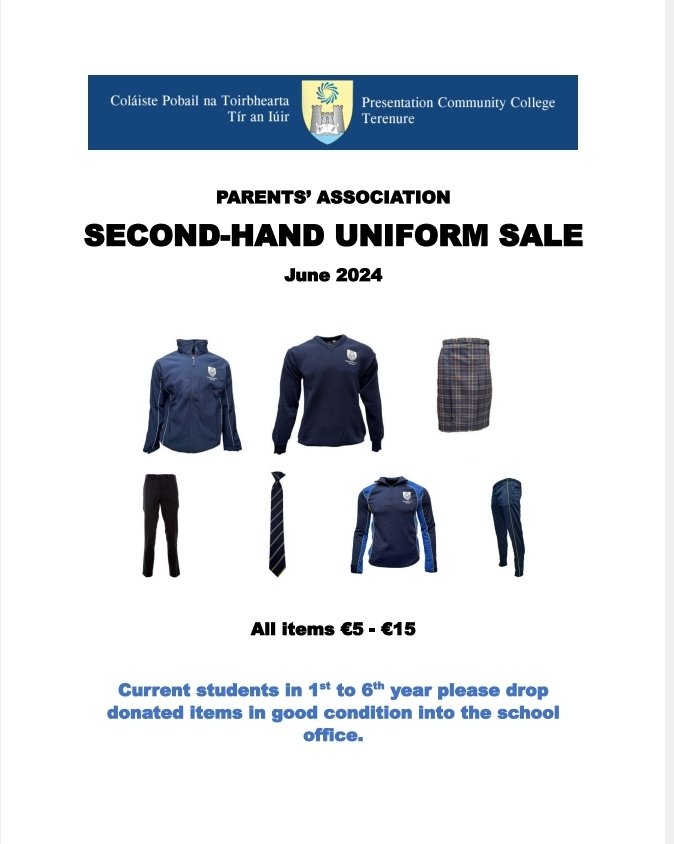 The Parents' Association would like to wish all the  students and staff a lovely summer break. Best of luck to 3rd and 6th years sitting their exams. Don't forget to drop off clean second hand uniform items into the school next week for the sale <a href="/Pres_Terenure/">Pres Terenure</a> <a href="/ainemulderrig/">ÁM</a>