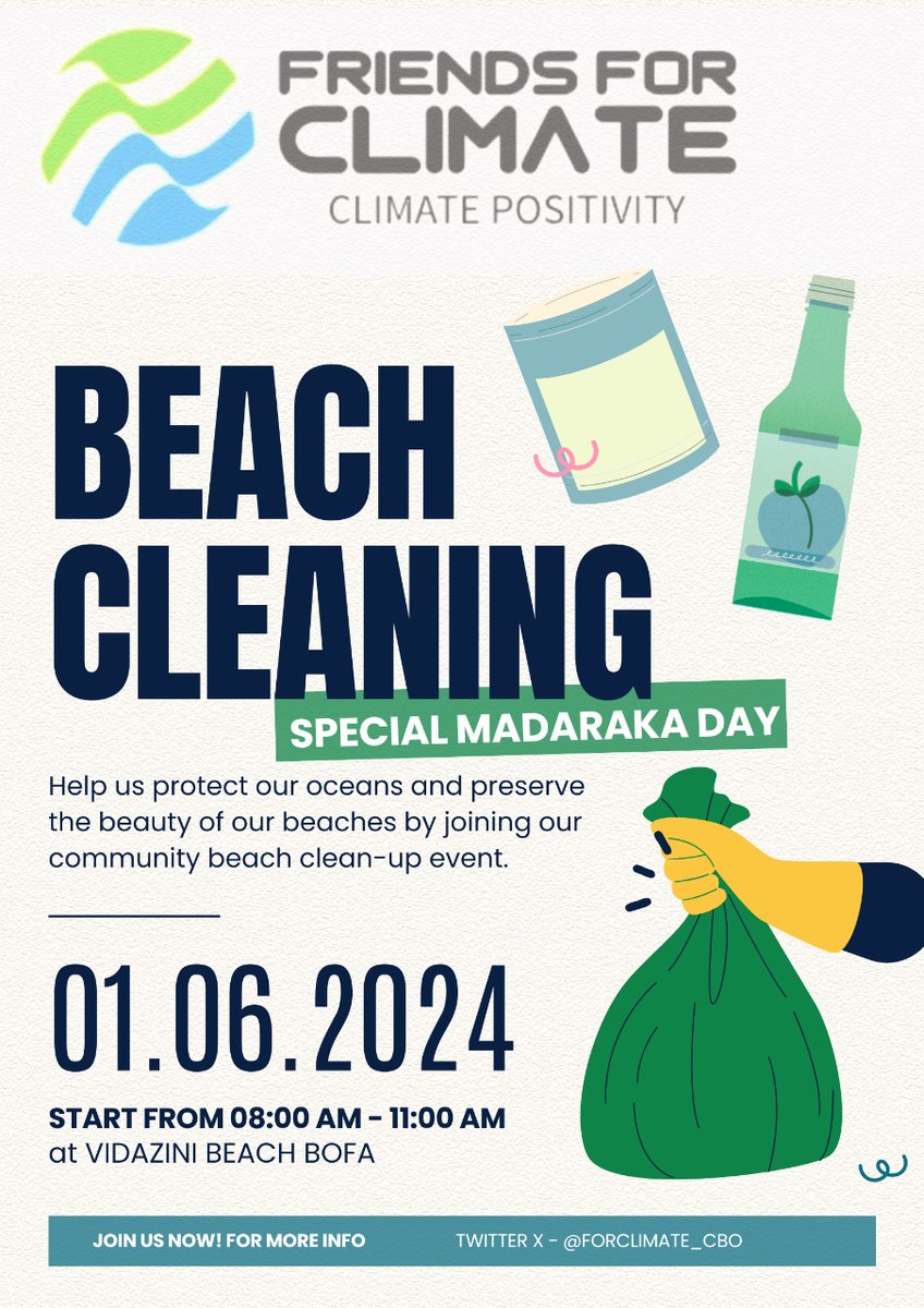 ForClimate_CBO's tweet photo. 🗣Join us tommorow for a special Madaraka Day event at Vidazini Beach,in kilifi county
Clock your time as from 8:00AM 🕓
Help us protect our oceans and preserve the beauty of our beaches by joining our community beach clean up event.
Don’t miss!!
#FFCCBO
#ClimatePositivity https://t.co/Yah7bZQ8S9