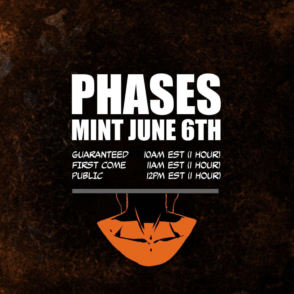 This is coming at you quick so watch the time! We'll be kicking off our mint day on June 6th at 10AM EST!

Guaranteed will be able to mint first, followed by First Come First Serve, and finishing off with Public! Each phase will last an hour.