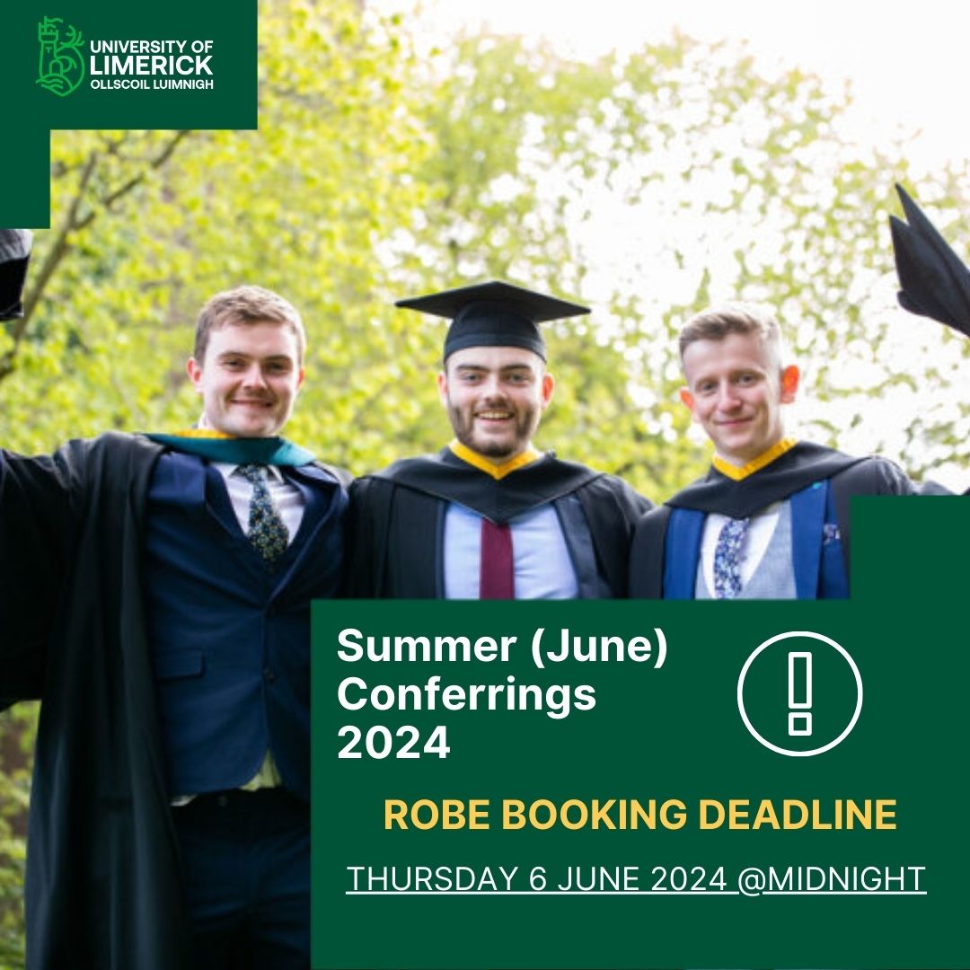 Graduating this June? 🎓☀️

REMINDER: Make sure to book your robe by midnight Thursday, 6 June 2024‼️

Check your student emails for all the details.

We are looking forward to seeing you all on your graduation day 🎉

#ulgraduation #studyatul
