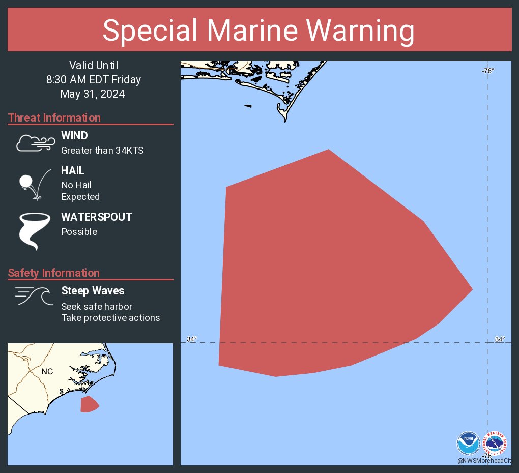 Special Marine Warning including the S of Cape Lookout NC to Surf City NC out to 20 nm and Waters from Cape Lookout to Surf City NC from 20 to 40 nm until 8:30 AM EDT