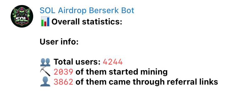 4K+ users for 2 days from start 💣
91% users came from ref links of their friends🫂
1 $SOL already paid off through Airdrop bot💸
5 crypto projects are made visible 👀

This is only start. You cannot imagine what is coming...🚀