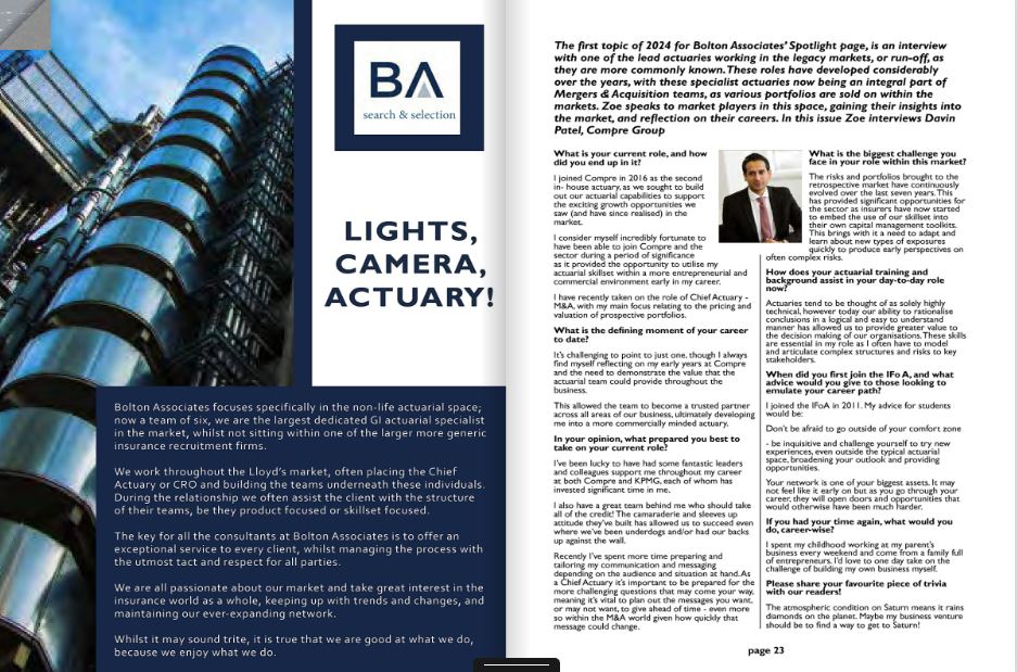 In our series for <a href="/actuarialpost/">Actuarial Post</a>, the Bolton Associates’ Spotlight page interviews the lead actuaries working in the legacy markets, or run-off, as they are more commonly known. This month Zoe Bolton interviewed Davin Patel, Compre Group
bit.ly/3Pice6x
