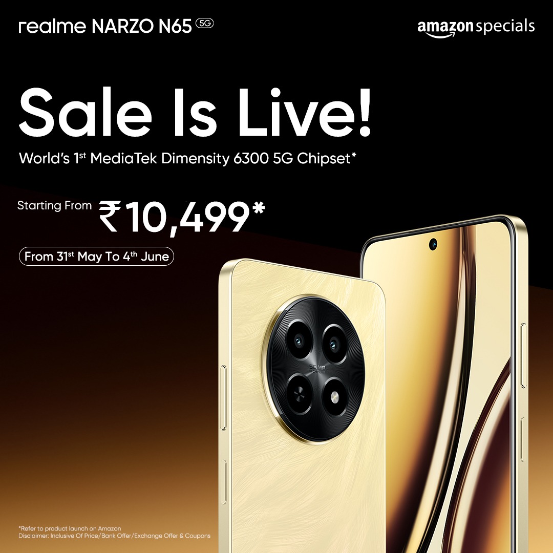UNLEASH THE SPEED DEMON WITHIN!
The #realmeNarzoN65SalelsLive now on Amazon!
Get your hands on the Realme Narzo N65 with a lightning-fast Qualcomm Snapdragon 7+ Gen 3 processor, 8GB RAM, and 128GB storage!
Don't miss this incredible offer! REALME NARZON65 AMAZON SALE