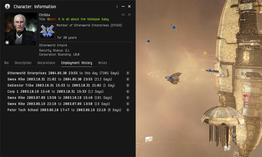 It happened. Celebrating 20 years in my corp. And as a pilot in local said, they were not even born when I joined my corp... It's a wild thought in a way, and a reminder how far the game has come. &lt;3 #eveonline #tweetfleet