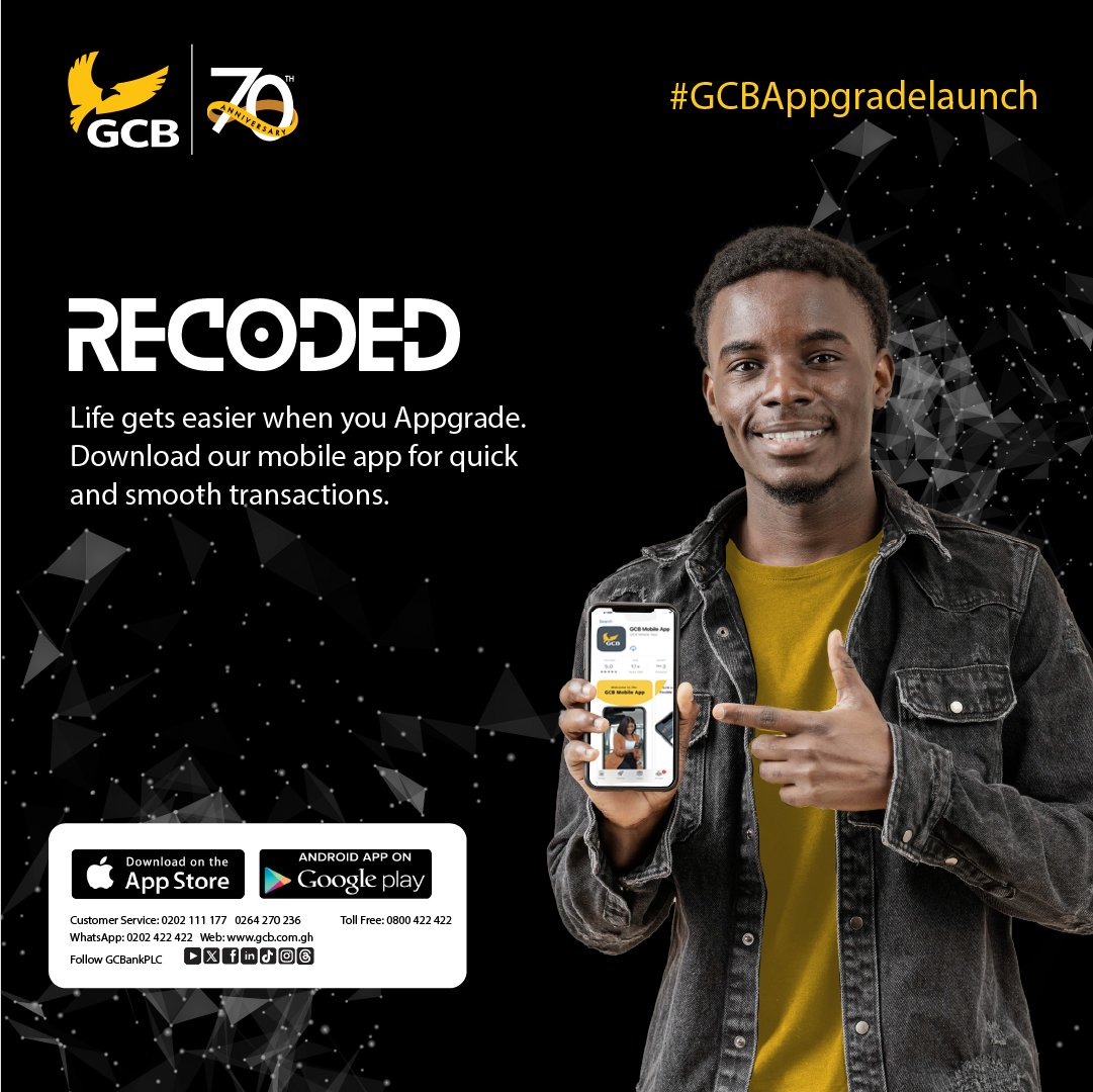 GCBBankPLC's tweet photo. 🚀 Experience Cool Banking with the GCB Mobile App! 📲 Manage your accounts, transfer funds, pay bills, and more—all from the palm of your hand. Download now for a seamless banking experience! ✨💳
#gcbmobileapp #taptheapp #InstantAccount #FundsTransfer #GCB #YourBank4Life https://t.co/r58mxJFi2M