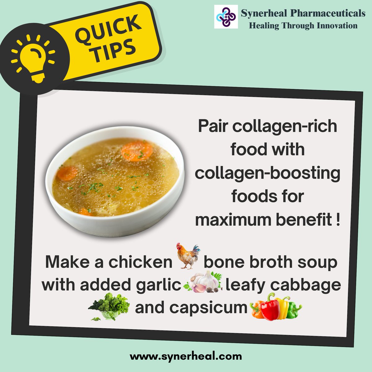 Pro Tips🥣✨

Combine Foods: Pair collagen-rich food with collagen-boosting foods for maximum benefit. For example, Make a chicken bone broth soup 🥣 with a🧄, leafy cabbage 🥬, and capsicum 🫑

#CollagenBoost #BoneBrothSoup #HealthyEating #NutrientRich #WellnessTips