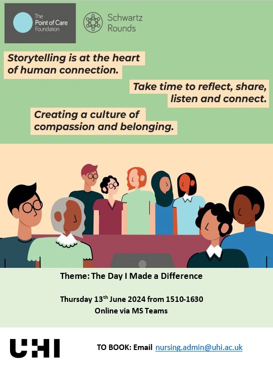 UHI Centre for Rural Health Sciences (@uhicfrhs) on Twitter photo ONLINE SCHWARTZ ROUND
➕Thursday 13th June on the theme “The Day I Made a Difference”
➕Open to all UHI health and social care students and new graduates, as well as the clinical and academic staff who support them.
➕To book your place please email nursing.admin@uhi.ac.uk. ONLINE SCHWARTZ ROUND
➕Thursday 13th June on the theme “The Day I Made a Difference”
➕Open to all UHI health and social care students and new graduates, as well as the clinical and academic staff who support them.
➕To book your place please email nursing.admin@uhi.ac.uk.