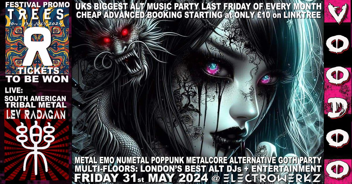 TONIGHT!!! Voodoo!! #rocklondon club. You know you want to.
DJS 4 floors of ROCK METAL TRAD NUMETAL METALCORE GOTH EMO POP PUNK.
@Electrowerkz  don't forget your photo ID.
★ Chill out Bar ► Free Face Painting
Tickets still on the door.
facebook.com/events/2931558…