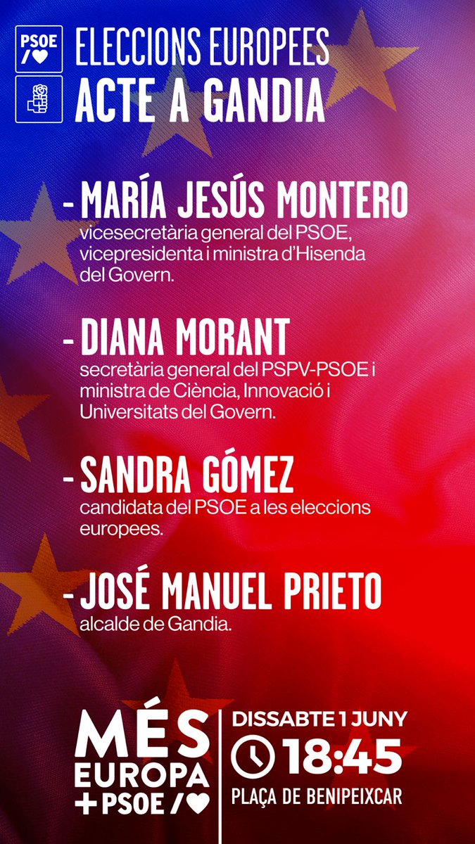 🔴 🇪🇺 Aquest dissabte ens veiem en Gandia per a parlar de #MésEuropa.

Ens acompanyaran @DianaMorantR, @mjmonteroc, @SanGomezLopez i @josemaprieto.

📍 Plaça de Benipeixcar, Gandia.
⏰ A les 18.45.