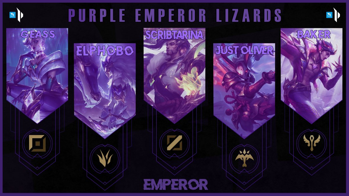 Wir starten endlich auch mit dem ersten unserer fünf Roster! Der Split wird übrigens auch unser 3-jähriges Jubiläum sein 🎉.

Den Start macht das Roster der #EmperorLizards mit:

⬆️: @Geass00398596 
🏕️: <a href="/elPhobo/">elPhobo</a> 
➡️: #Scribtarina
🏹: <a href="/funwithflagsLuL/">Oliver</a> 
🩺: #baker