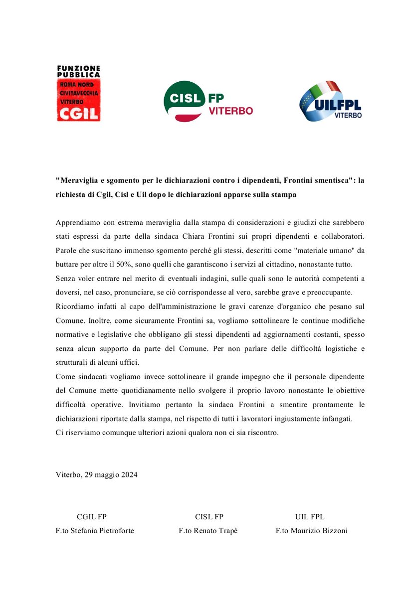 Il richiamo alla sindaca Frontini dopo l'intervento in consiglio comunale. Dichiarazioni inqualificabili e nessuna scusa. La #CISLFPViterbo  al fianco dei #lavoratori che vorranno intraprendere le opportune azioni legali
#ilmiolavorovale 
#lepersoneprimaditutto