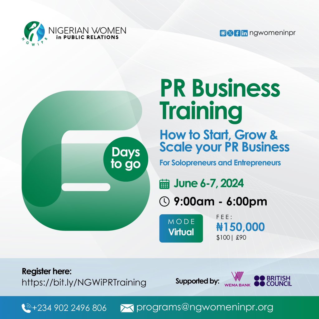 NGWomeninPR's tweet photo. Only 6 days to go! 🚀 Join our PR Business Training and transform your business into a profitable one! 🚀 it’s not too late to register https://t.co/FpnUDpYVnY
Don't miss out on this game-changing opportunity! #NigerianWomeninPR #PRBusinessTraining #PRProfessionals https://t.co/xDoR7lTUez