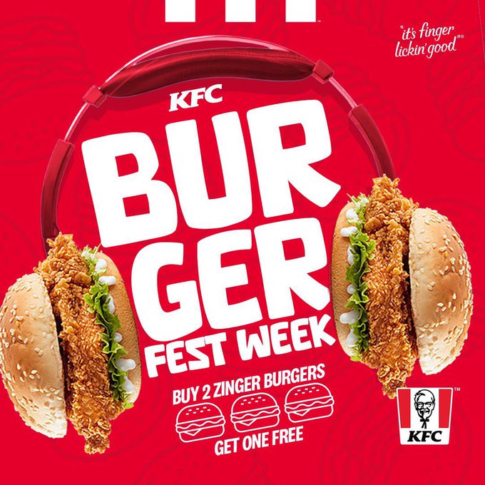 It's less than 24 hours ⏲️ to the end of the KFC Burger Fest Week 😱 Buy 2 Zinger Burgers and Get 1 FREE Head over to any KFC near you or click the link in their bio to place your order Today. Let’s go🍔🍔🍔🍔🍔🍔🍔 #KfcBurgerFest #BurgerFestWeek