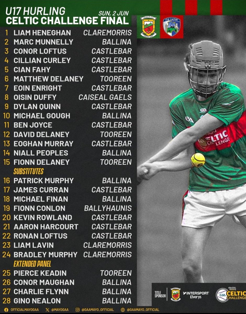 #mayogaa From all @MayoGAACoaching & games, we wish Sean & his management Team & the u-17 Celtic challenge squad the very best of luck in the Celtic challenge final on Sunday 👏👏👏@ConnachtGAA @billymacn @MayoGAA