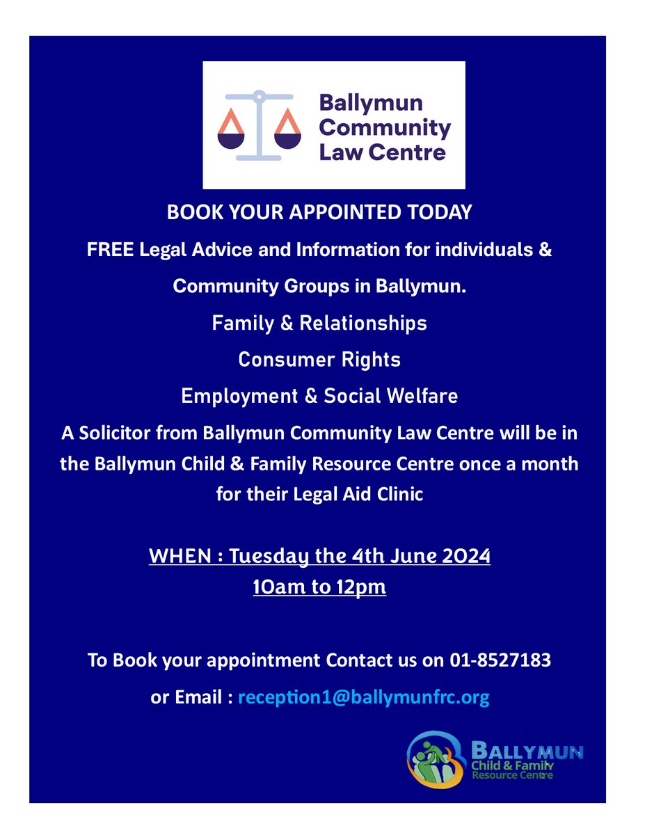 A Solicitor from Ballymun Community Law Centre will be here this Tuesday from 10-12pm this is a completely FREE advice clinic however we would advise calling 01-8527183 or Email reception1@ballymunfrc.org to BOOK an appointment to avoid a long wait 👍
 
#BCLC #familyresourceirl